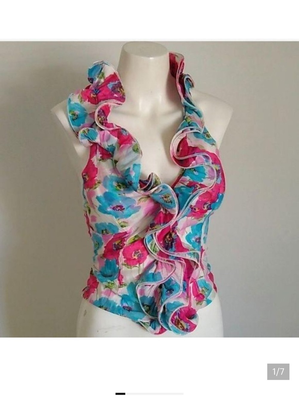 Floral Ruffle V-Neck Sleeveless Top - Pink & Teal